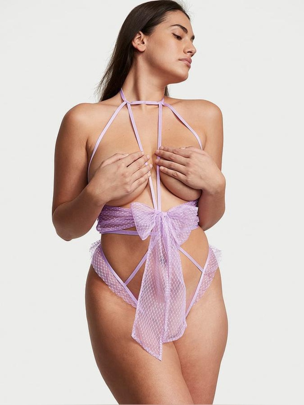 Victoria's Secret | Women's Bow Mesh Open-Cup Crotchless Playsuit Size Large NWT